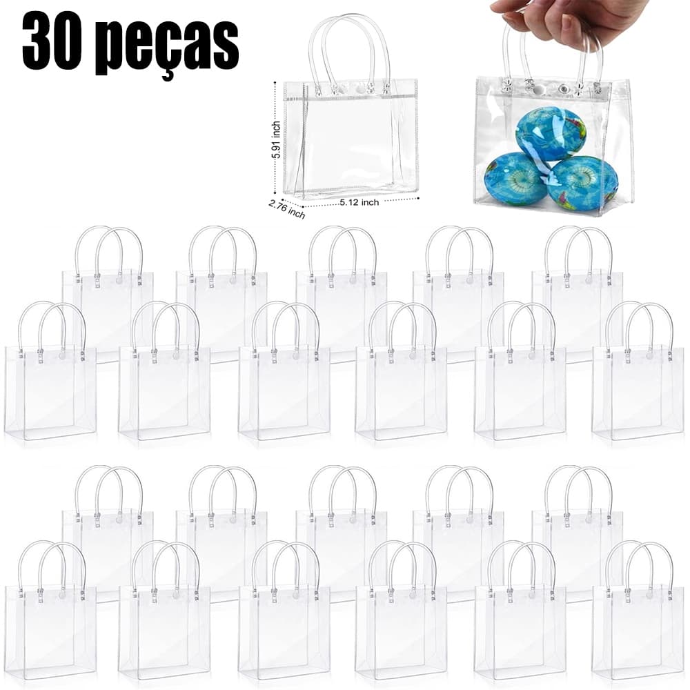 15x13x7 cm, Sacolas De Presente Transparentes Em Pvc com Alças, 30 Peças, Portáteis, Reutilizáveis