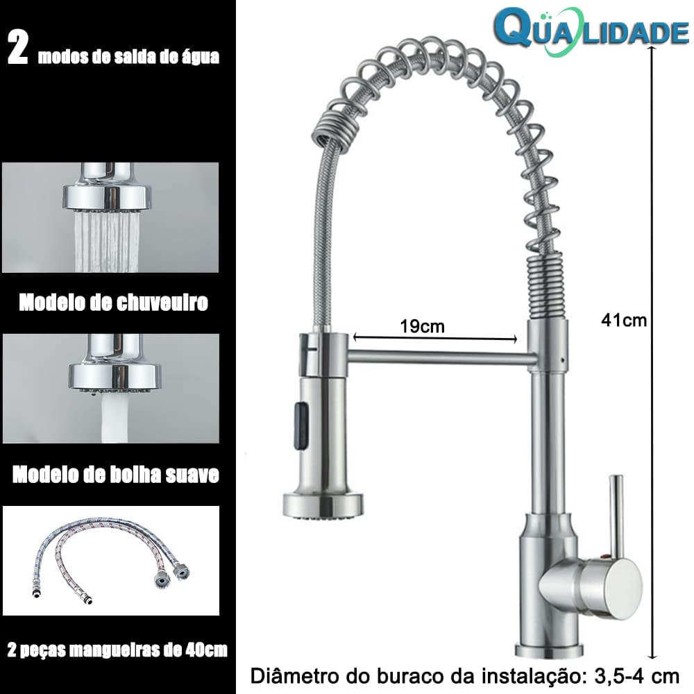 Torneira Cozinha Gourmet Monocomando Com Spray Extensor INOX 304