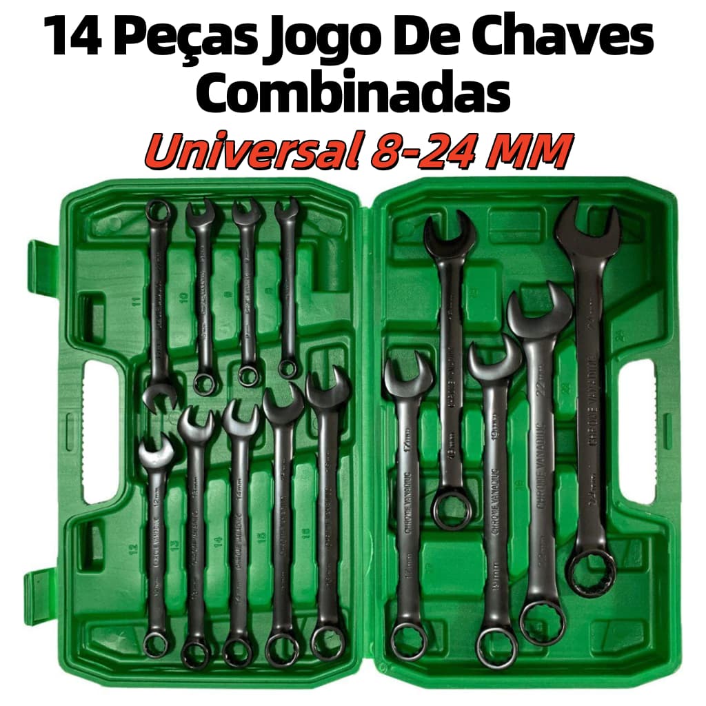 Kit Jogo De Chave Combinada 8 A 24 mm Boca Estrela Aço Cromo Profissional Maleta 14 Peças