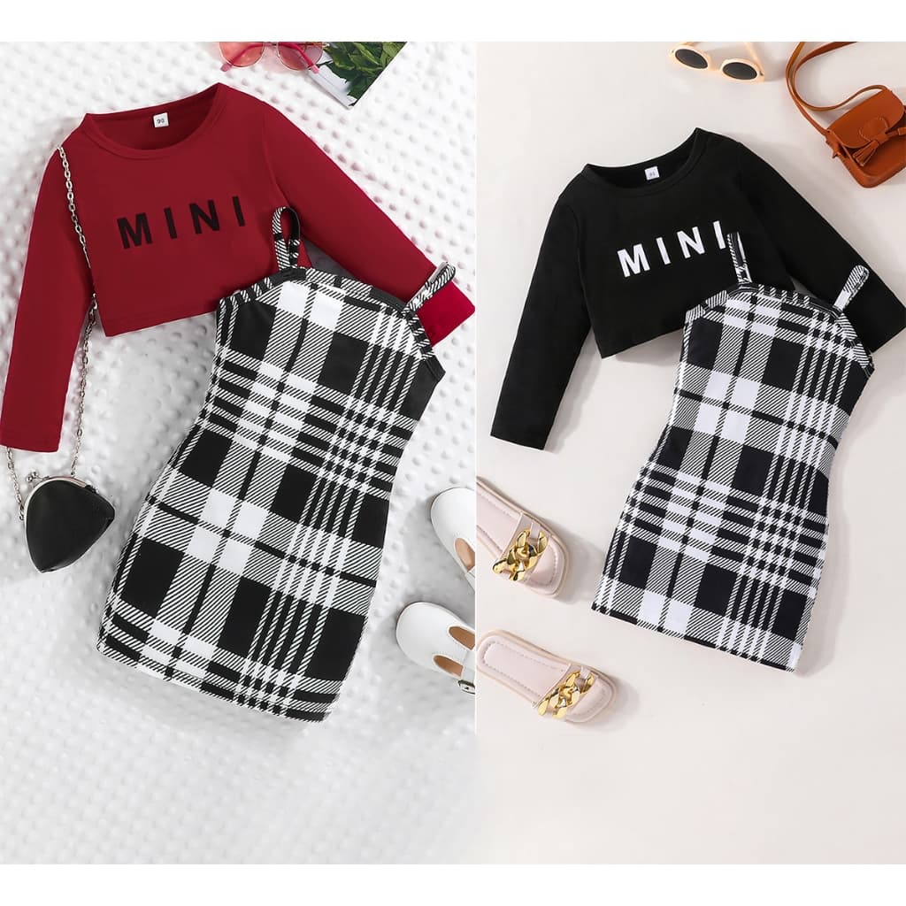 Conjunto 2 Peças Menina Blusa Manga Longa Estampa Letras + Vestido Alça Xadrez Preto Branco 2-7 Anos Festa