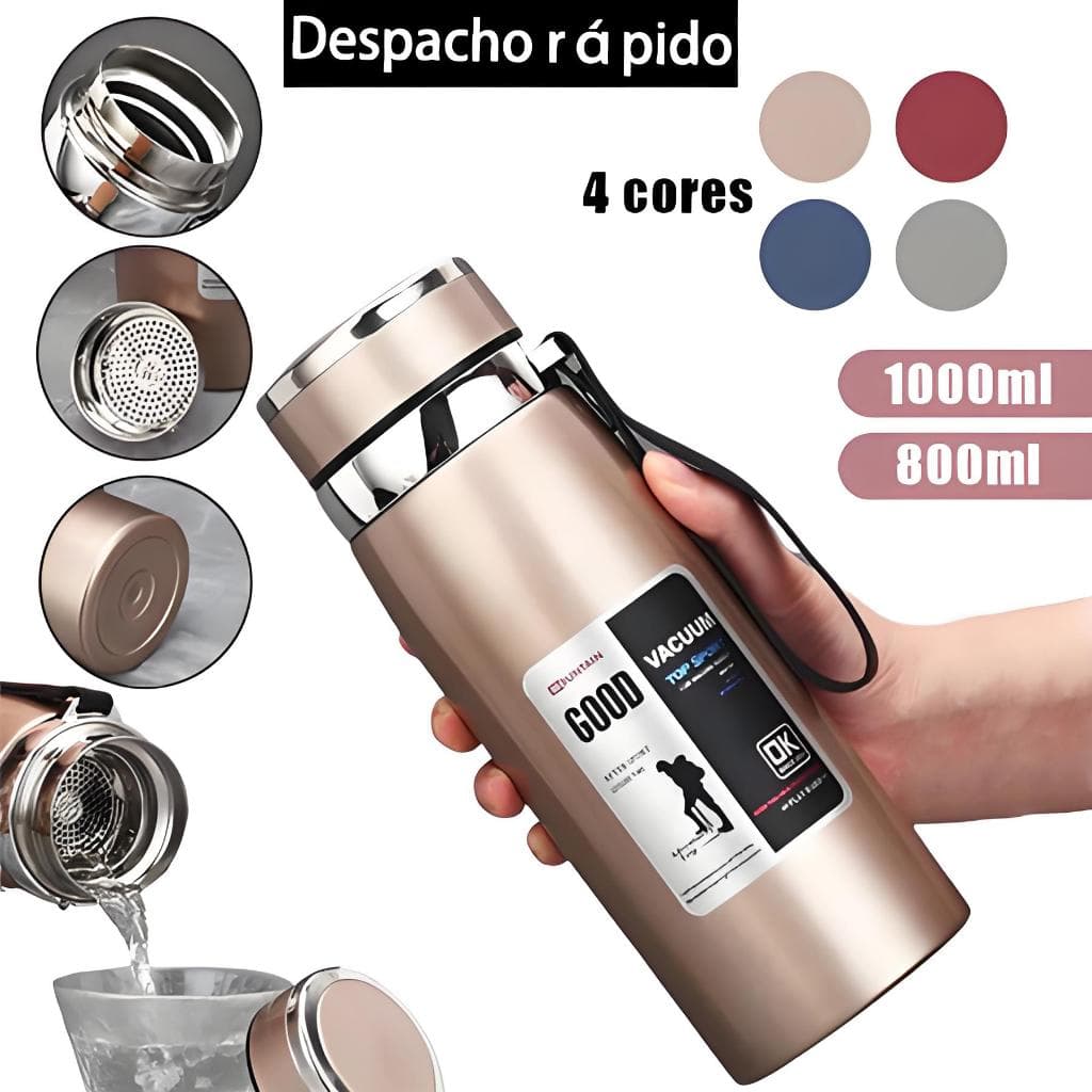 Garrafa 800ml ou 1000m Inox Térmica Com Infusor Prata e 4 Cores Escolha 24h Dupla