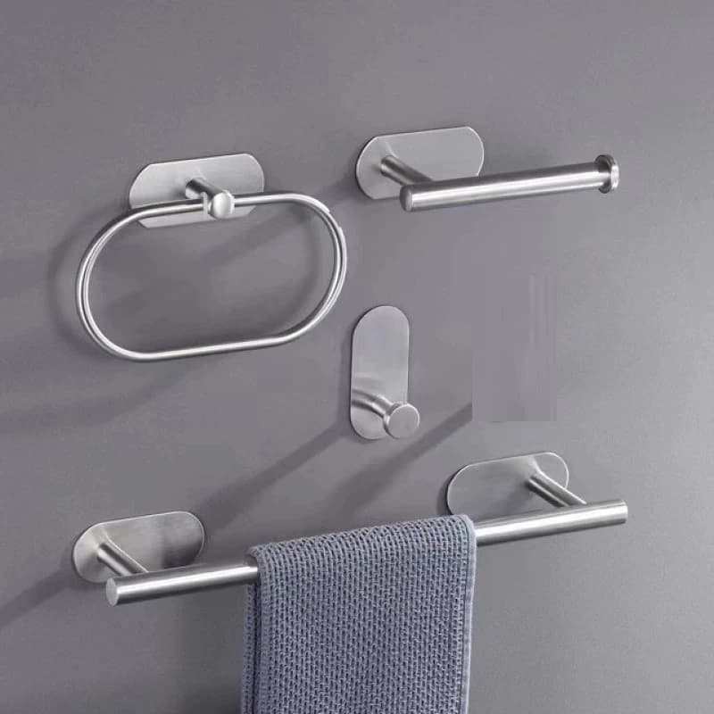 Kit Conjunto Acessório Banheiro Aço Inox Toalheiros Papeleira 4 Peças Adesivo Sem Furar a Parede