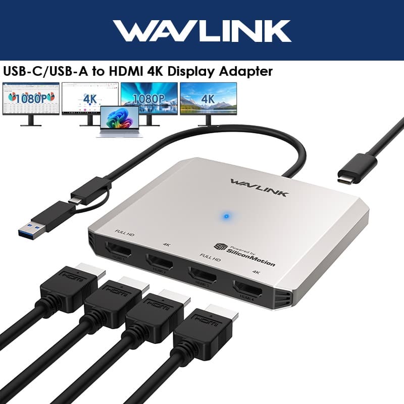 Adaptador WAVLINK Quad HDMI Universal USB-C/A Docking Para Intel/M1/M2/M3/M4 Macbook E Windows