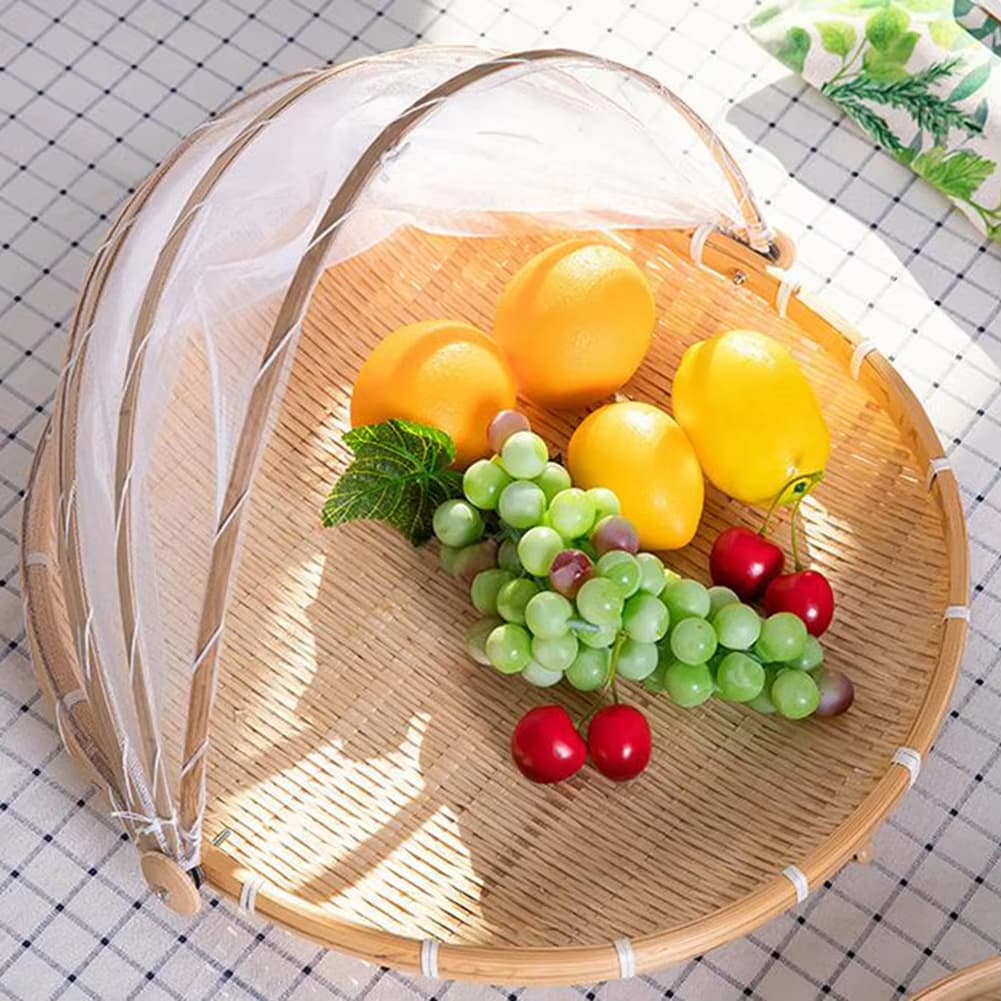cesto porta pães bolo bambu cobertura tela retrátil 32cm/46cm