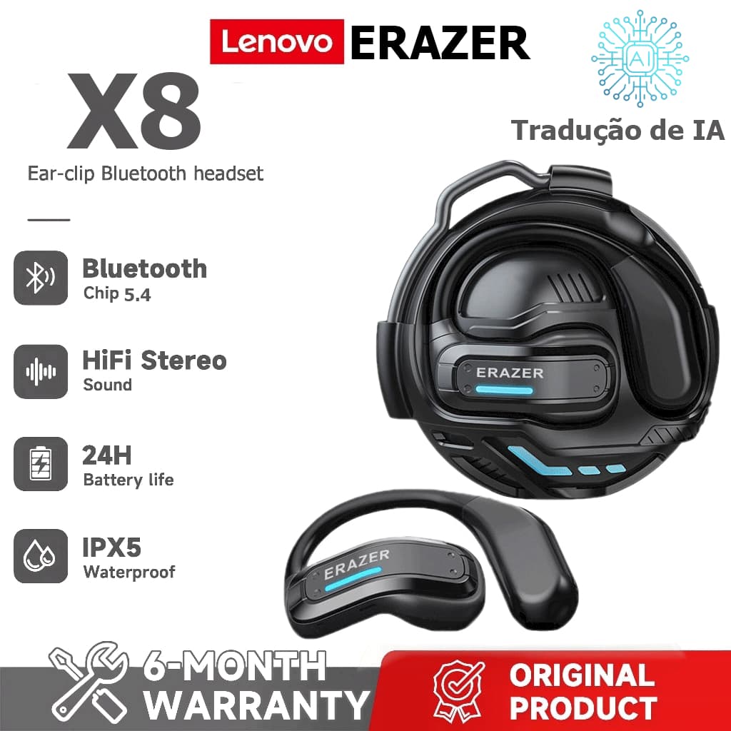 Lenovo ERAZER X8 Al Tradução Fone de ouvido Bluetooth Tradução inteligente em tempo Real Fone de ouvido Bluetooth sem fi