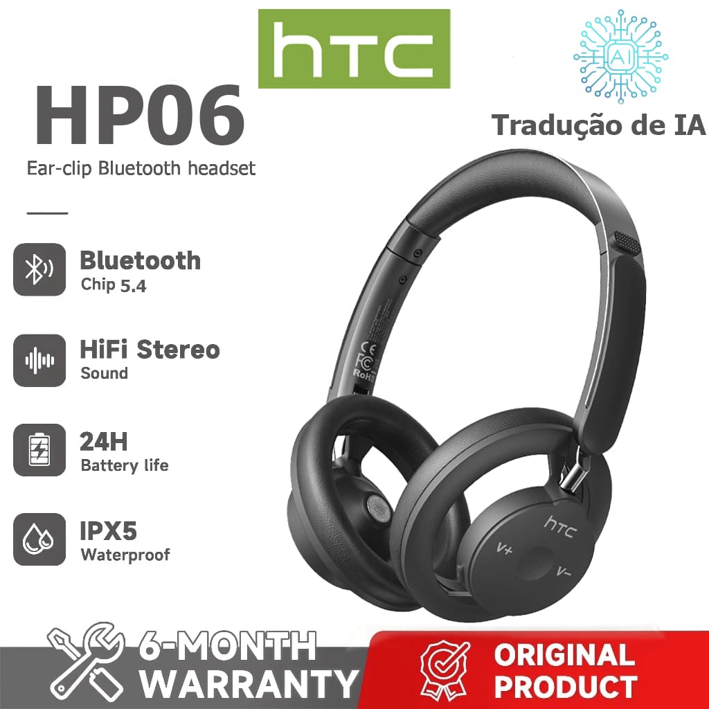 Fones de ouvido inteligentes para jogos HTC HP06 com tradução de IA aberta, Bluetooth, cancelamento de ruído, IPX5, à pr