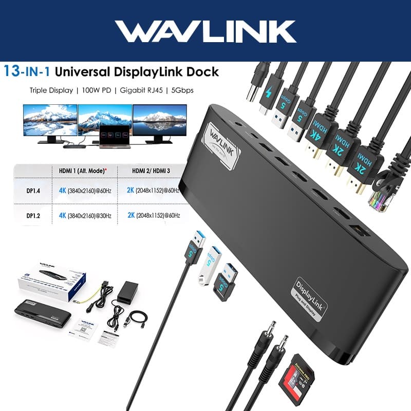 Estação De Acoplamento WAVLINK 13 Em 1 DisplayLink Com Carregamento De 100 W , 3 HDMI , 5 Portas USB , Ethernet , SD/TF