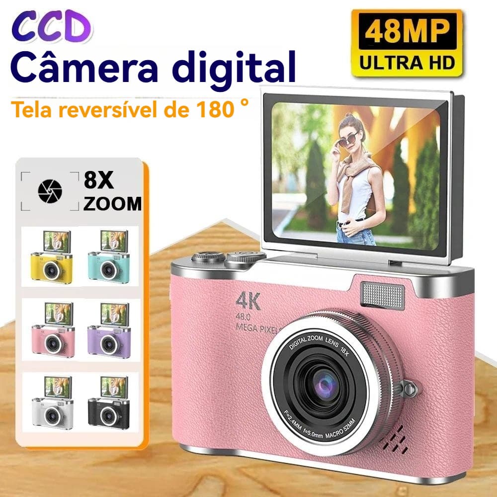 Câmera Digital Com Zoom 4K CCD 8X Para Estudante Fotográfica Compacta De 48MP 180 ° Selfile Tela Flip RENEAR