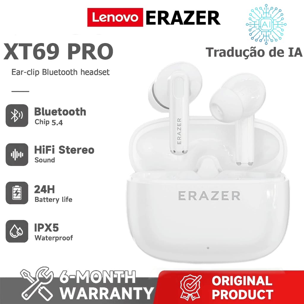 Lenovo ERAZER XT69 PRO Tradução Fone de ouvido sem fio Bluetooth com tradução AI em tempo Real 134 idiomas TWS Fone de o