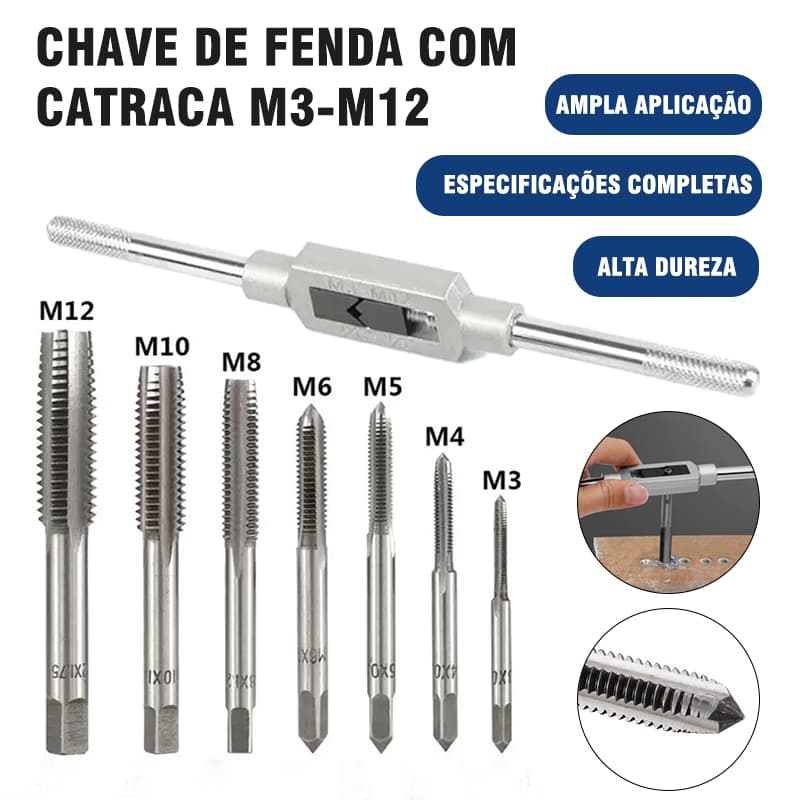 Jogo De Macho Com Vira Macho 8 Pças M3 A M12 Pra Abrir Rosca