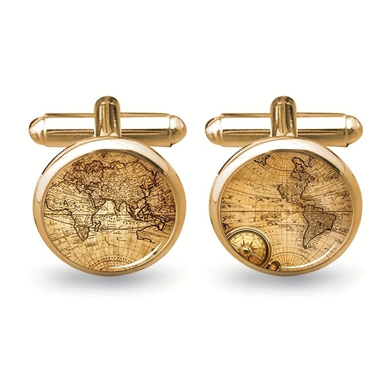 1 Par De Abotoaduras De Vidro Com Mapa Mundi Vintage Para Homens – Acessório Elegante E Camisa Design Exclusivo