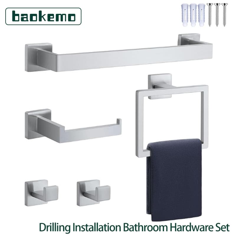Kit Banheiro Inox 304 Preto 5 Peças Ralo de Toalha Anel Suporte Papel Higiênico Gancho - Baokemo