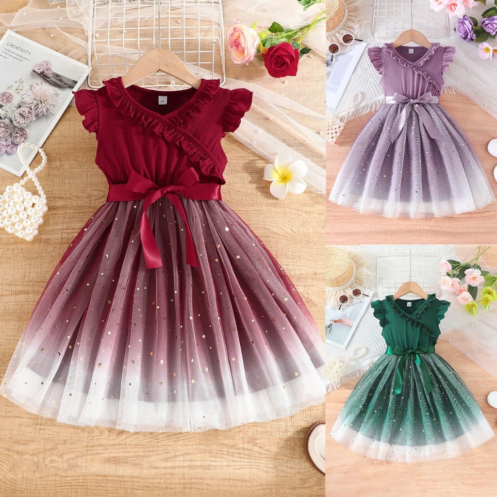 Vestido Infantil Meninas 2-7 Anos Manga Curta Glitter Estrela Degradê Tule Faixa Festa Natal Ano Novo