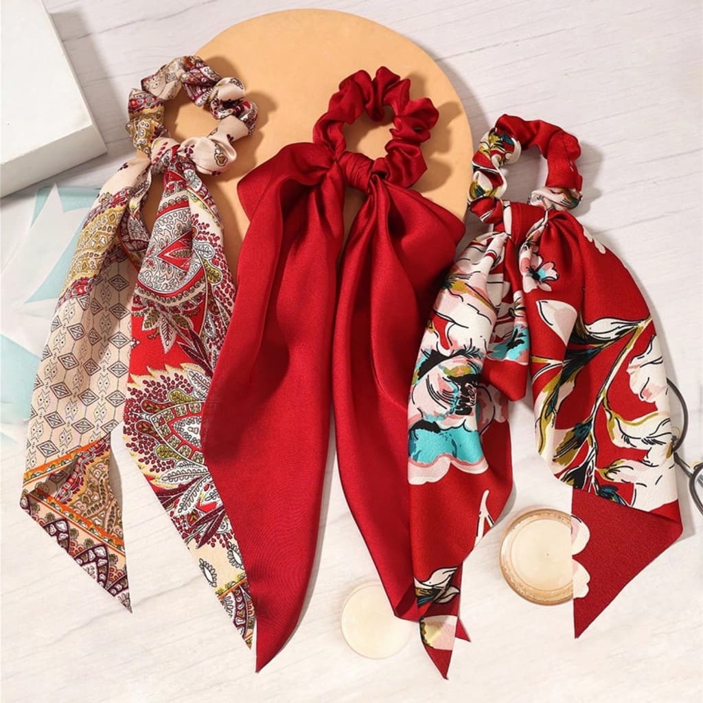 Terno Vermelho Bohemia Flor Étnica Scrunchies Laços De Elásticos Cetim Arco Cabeça Corda Ins Moda Acessório Para Cabelo
