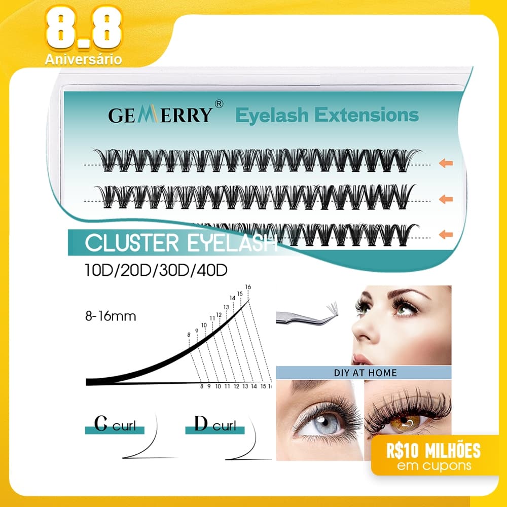 Gemerry 10D 20D 30D 40D Enxerto  Cabelo Hot Melt Falsos Cílios 60 Cluster Lash Natural DIY Grafting Extensão Individuais