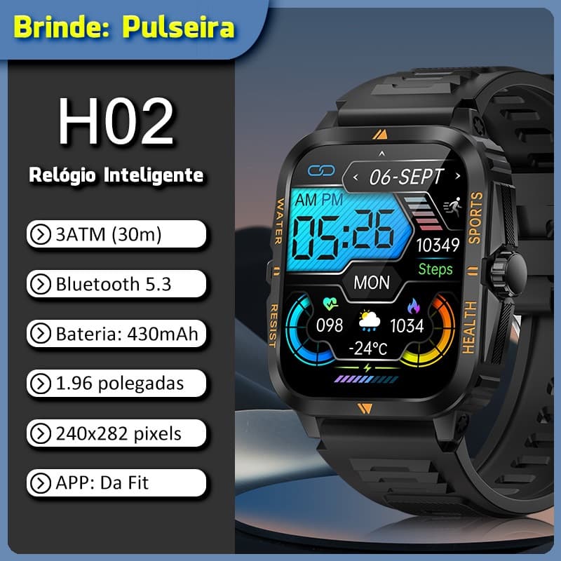 Relógio Inteligente H02 - Smartwatch Esportes 30 Dias Bateria, Bluetooth IP68 Oxímetro/Batimento  Tela HD Android/iOS