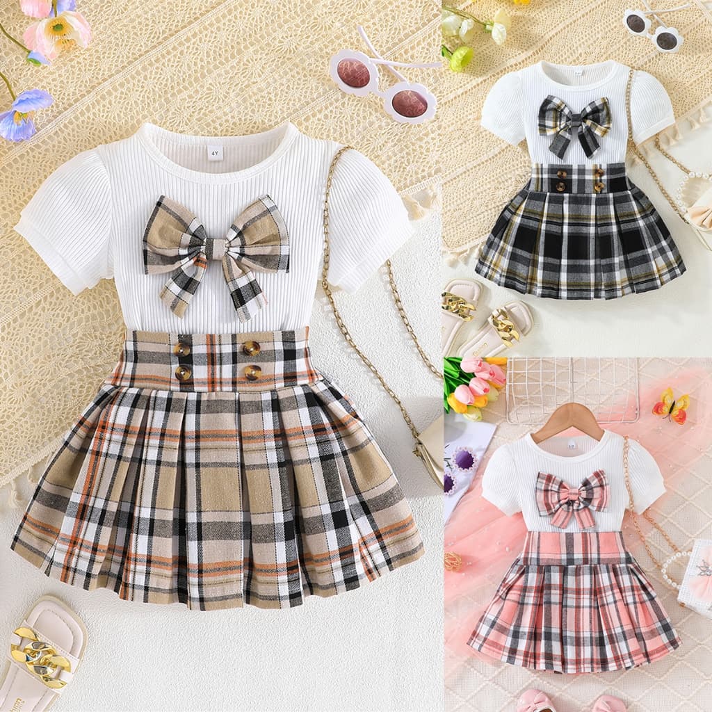 Conjunto 2 Peças Infantil Menina Camiseta Branca Laço Saia Escocesa Plissada Presente Volta às Aulas Natal 2-7 Anos