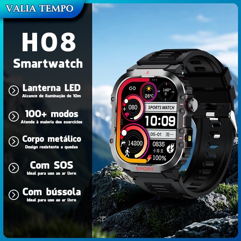 Smartwatch H08 Outdoor 30 DIAS de Bateria  Bússola Integrada | Monitor de Batimento  Oxigênio, IP68  Android/iOS
