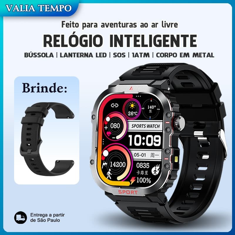 Relógio Inteligente H08 Outdoor 30 DIAS de Bateria  Lanterna LED | Monitor de Batimento  Oxigênio, IP68  Android/iOS