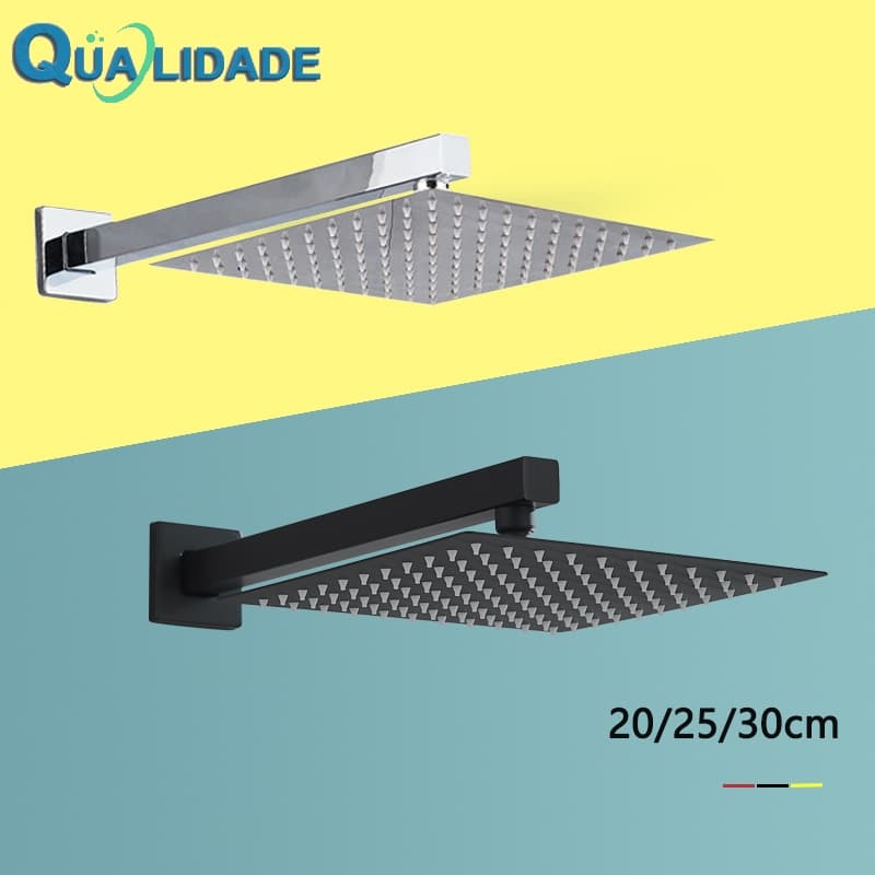 Chuveiro De Aço Inoxidável 304 Quadro 20/30 Cm Preto E Prata Com Braço
