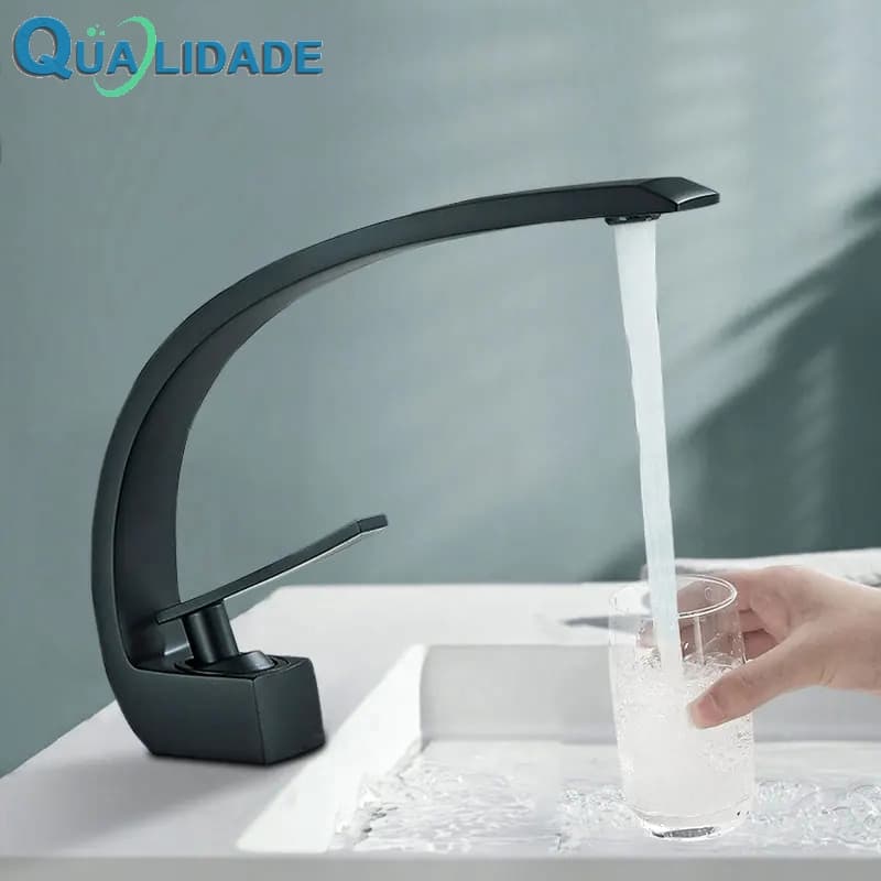 Torneira Banheiro Lavabo ascata Monocomando Curva Linha Quente e Fria Luxo Dourado Preto Cromado