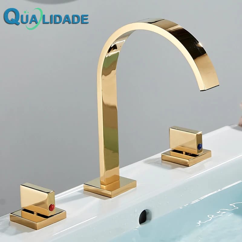 Torneira Misturadora Para Lavatório Com Junta De Metal E Alças Duplas , Tornozeleira Dourada Equilíbrio De Banho