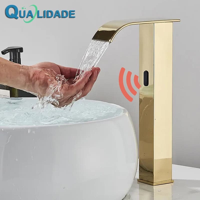 Sensor Torneira Dourada Do Banheiro Cachoeiras Authlet Ventilador De Água Quente E Fria Tocha Automática