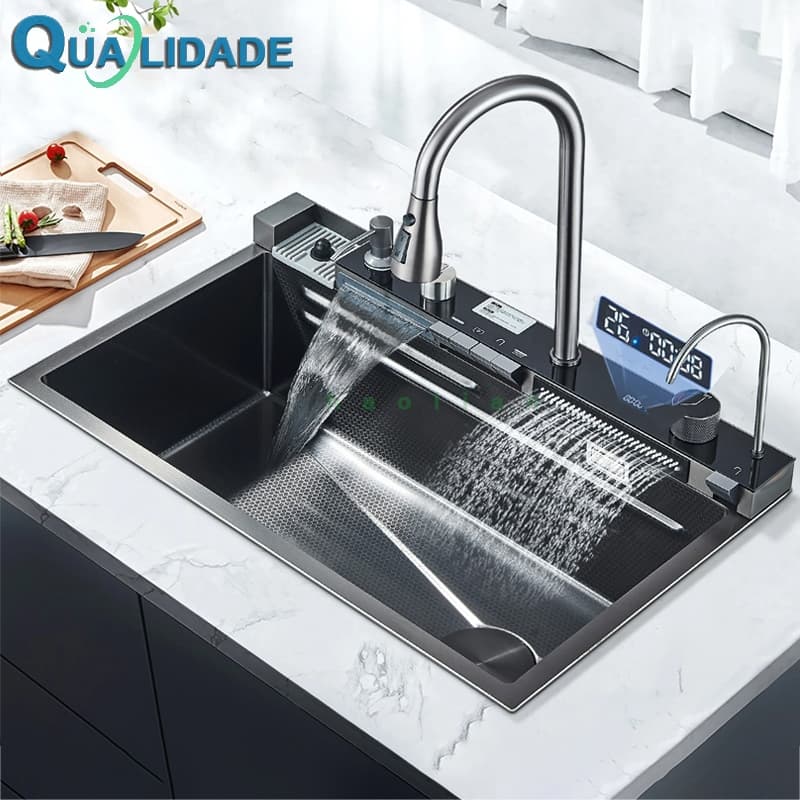 Kit Cuba Cozinha Gourmet Luxo Aço Inox Cuba De Pia De Cozinha Com Acessórios Conjunto De Torneiras Cinza Nano 75X46cm
