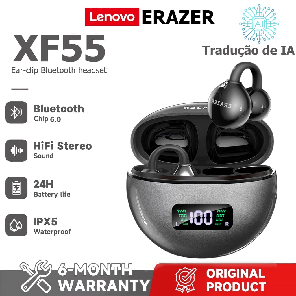 Lenovo ERAZER XF55 AI Tradução Tradução em tempo Real Fone de ouvido Bluetooth Tipo de clipe de ouvido TWS Fone de ouvid