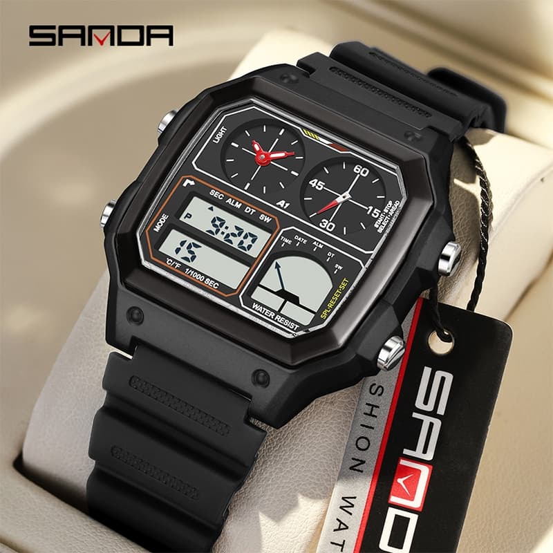 SANDA 6257 Relógio Eletrônico Masculino De Luxo Esportivo Multifuncional Com Medição De Temperatura À Prova D'água LED P