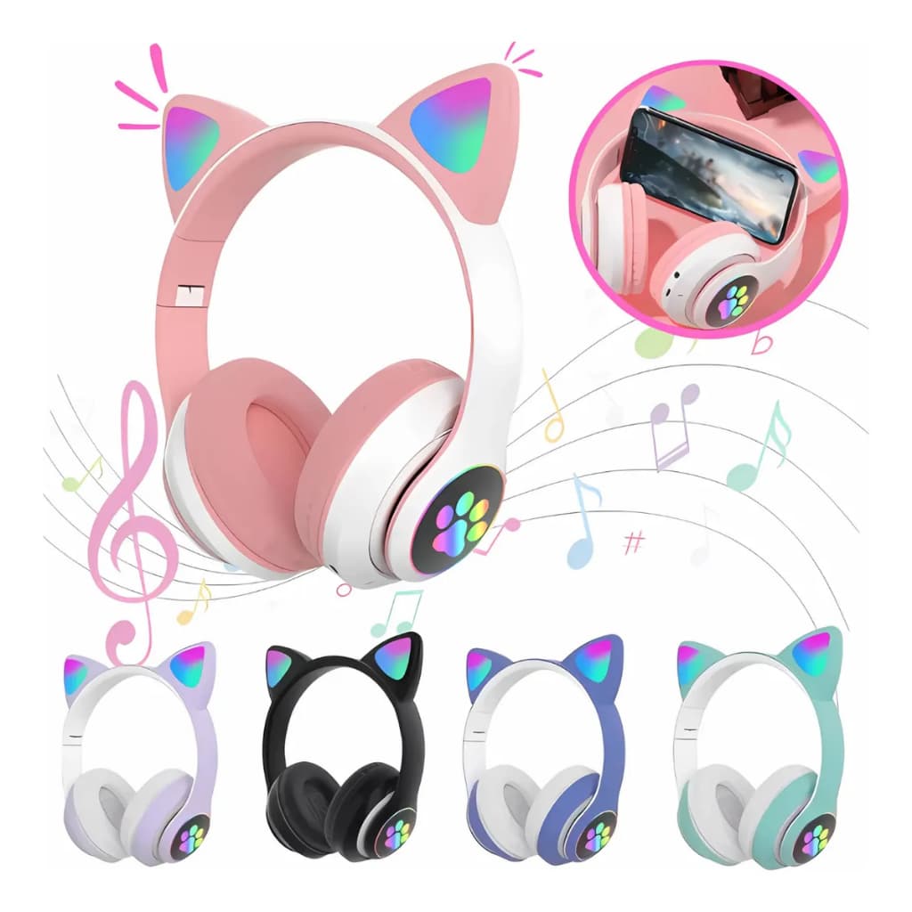 Fone de Ouvido Bluetooth 5.3 com Orelhas de Gato - Design Fofo e Som Estéreo - Presente Perfeito