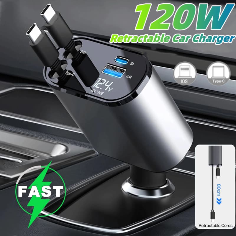 Carregador De Carro Retrátil De Carregamento Rápido De 120 W , Telefone De 4 Em 1 Tipo C E iOS Com Cabo , Adaptador De I