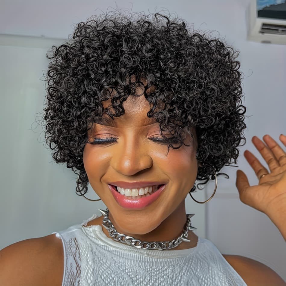 Pixie Corte Perucas Curto Encaracolado De Cabelo Humano Natural Cor Preta Afro