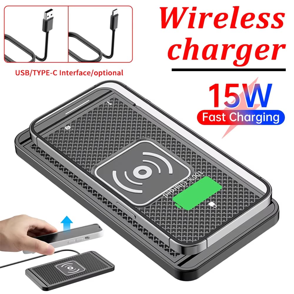 Carregador Sem Fio Para Carro 15W , USB Tipo C , Detecção Automática Inteligente , Borracha Antiderrapante , Almofada De