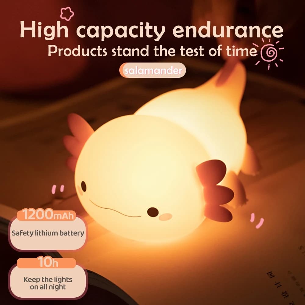 Bonito Axolotl Luz Noturna Silicone Berçário Lâmpada De Dormir Controle Toque Nightlights USB Recarregável Candeeiro De