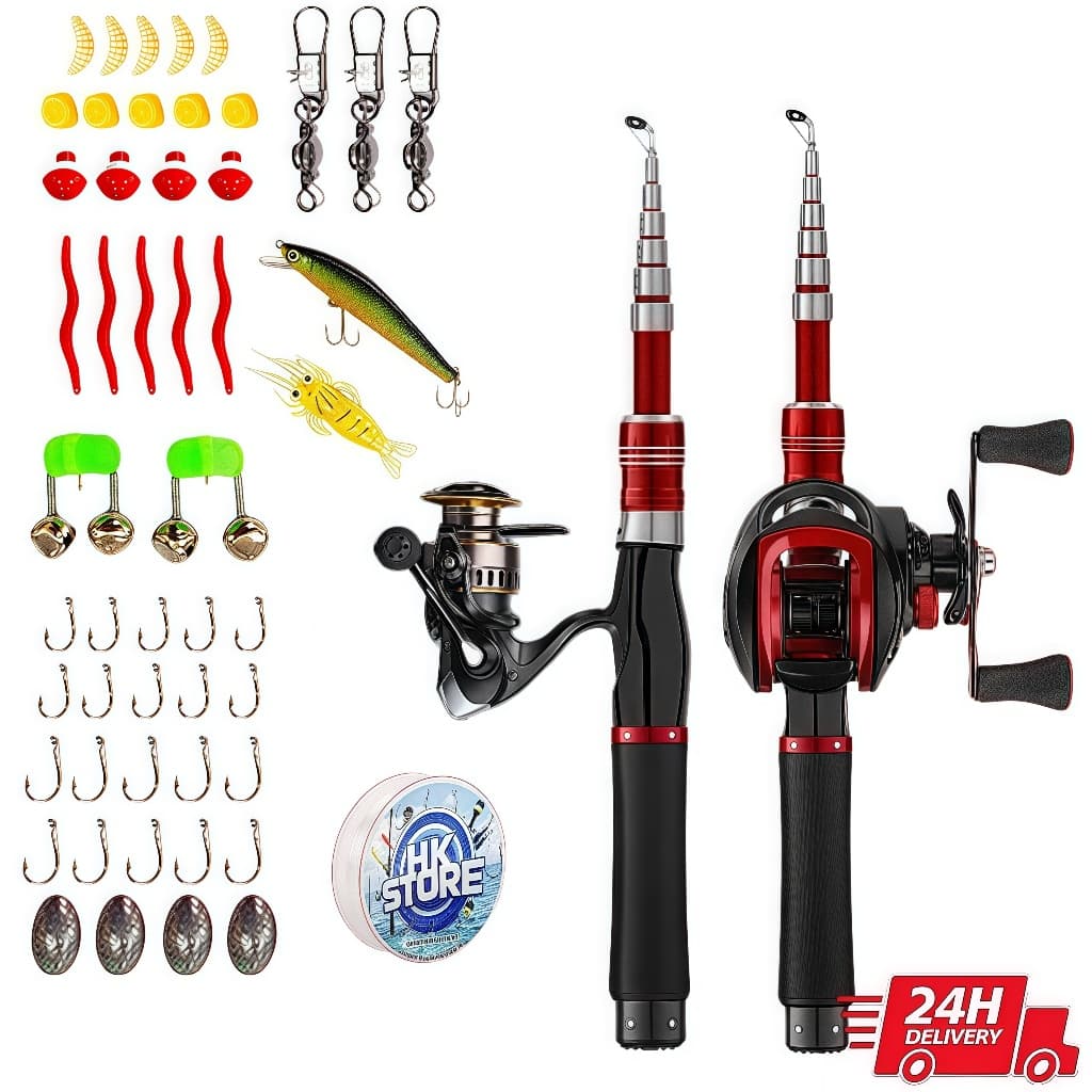 Kit 2 De Pesca Completo 1 Vara Telescópica 400kg + 1 Molinete - Acessórios Iscas, Anzóis, Chumbadas,50M linha de pesca