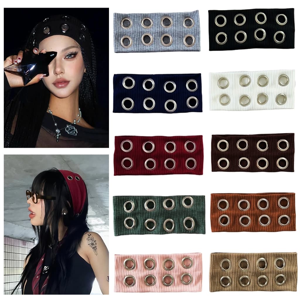 Ins Estilo Faixa De Cabeça Larga Com Metal Buracos Feminina Elástico Bandana Tiara Y2K Punk Headwear