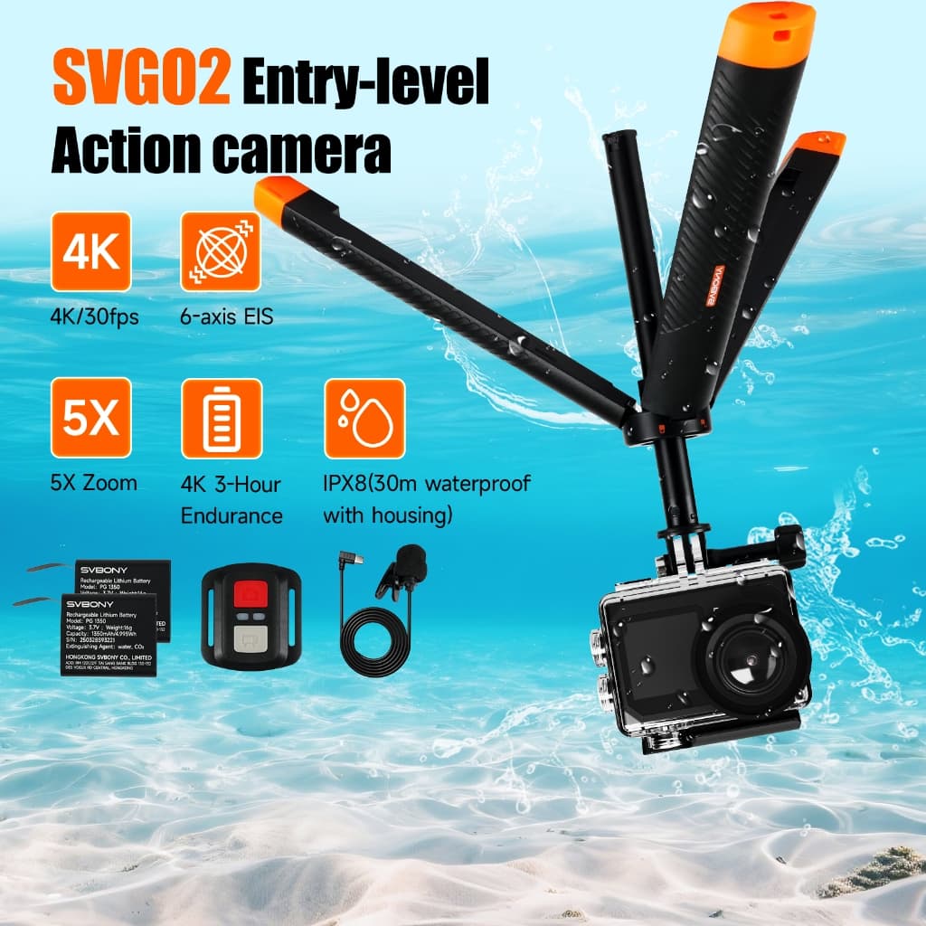 Câmera De Ação Svbony SVGo2 4K/30fps Telas Duplas EIS IPX8 De 6 Eixos À Prova D'água Para Mergulho Com Snorkel E Surf