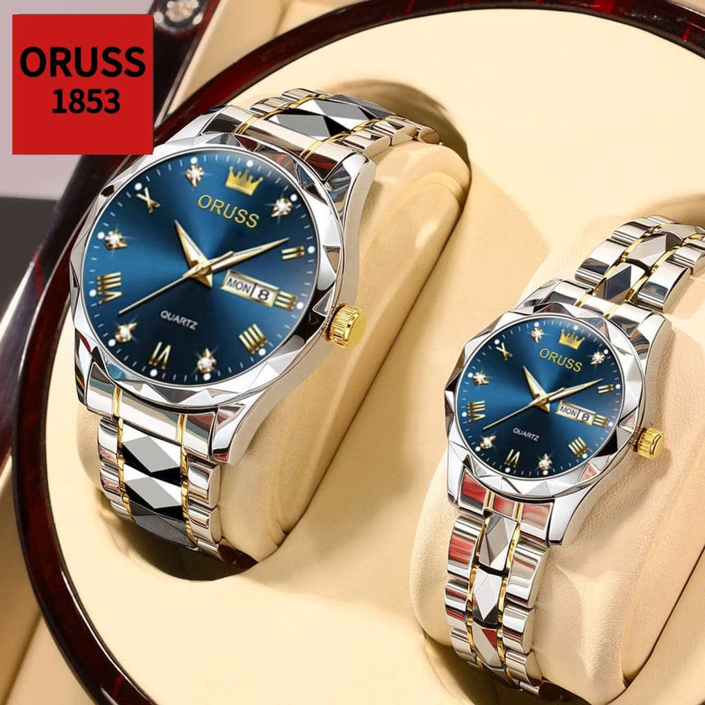 ORUSS Casal Original de Aço Inoxidável Calendário Duplo À Prova D 'Água Luminoso Relógio de Moda de Luxo Negócios Versão