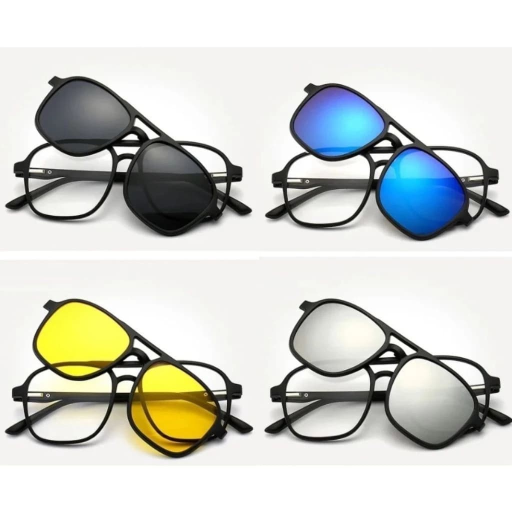 Óculos Clip On 5 em 1 Masculino - Lentes Polarizadas UV400, Anti Luz Azul, Armação Magnética