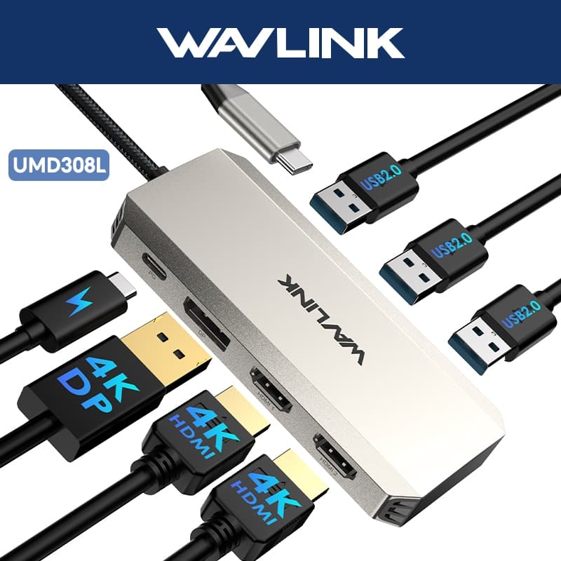 Estação De Acoplamento De Exibição Tripla WAVLINK 7 Em 1 USB C Hub Com PD DP De 95 W , 2 Hdmi , 480 Mbps USB2.0-A Para M