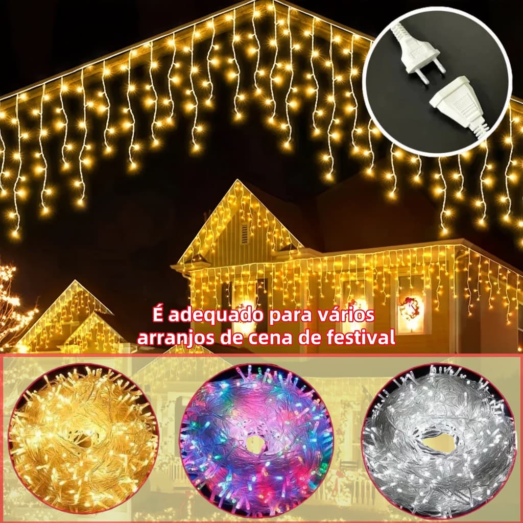 Cascata 400 Led's Decoração Natal Festas até 10m Fixo ou 8 Funções 110v/220v