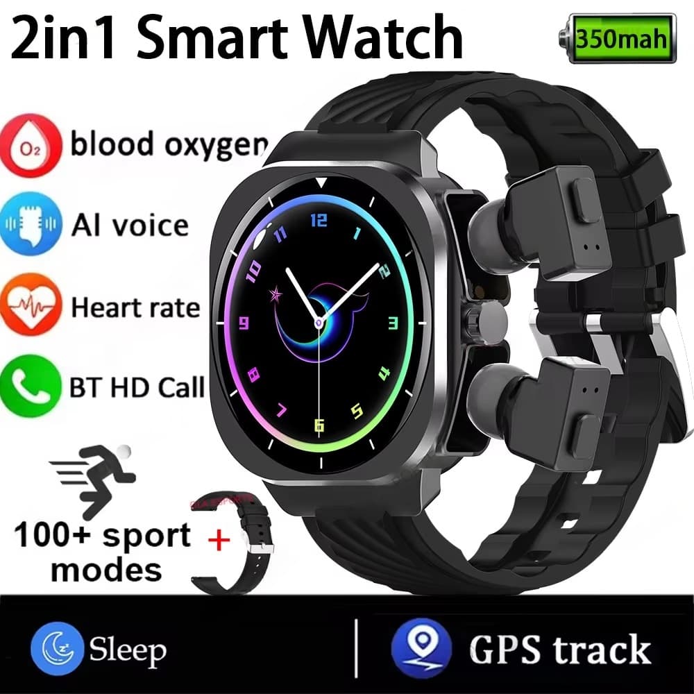 2 em 1 relógio inteligente construído em fones de ouvido Bluetooth chamada saúde monitor fitness homens relógios esporti