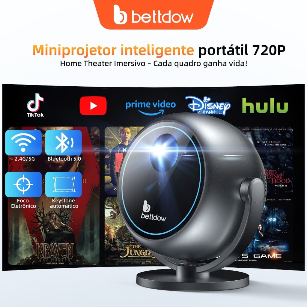 BETTDOW 180ANSI Hemisfério Mini Projetor 360 ° Foco Elétrico De Controle Remoto Com Resolução 720P HD 90 Suporte Giratór