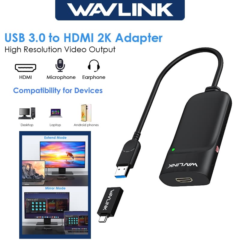 Adaptador WAVLINK Displaylink HDMI Conversor USB 3.0 Para 2K @ 60Hz Macbook/Windows/Ubuntu/Android