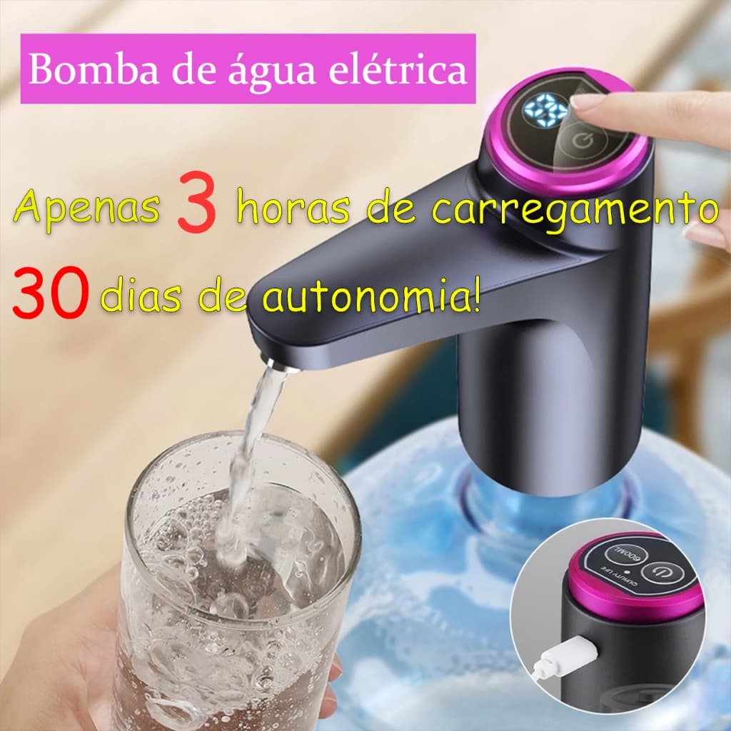 Bomba Elétrica para Galão de Água c/ Carregamento USB Uma carga completa pode durar até 30 dias