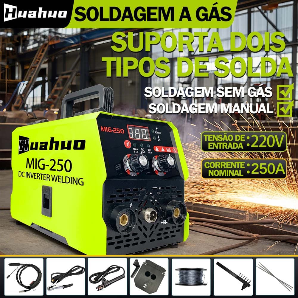 Máquina De Solda Inversora Arco MIG 250 MMA 2 Em 1 Portátil