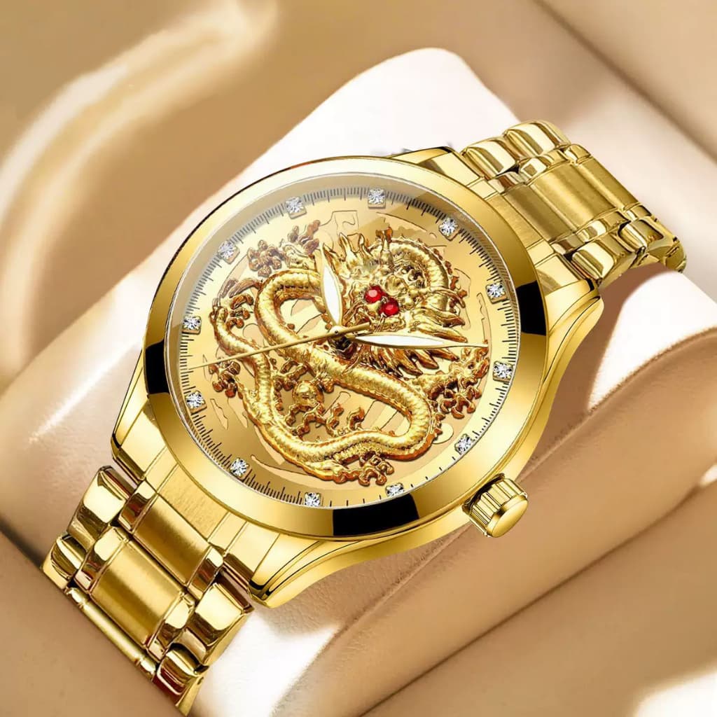 Relógio De Ouro De Luxo Masculino À Prova D'água Com Mostrador De Dragão Quartzo Para Homens Pulseira De Aço Inoxidável