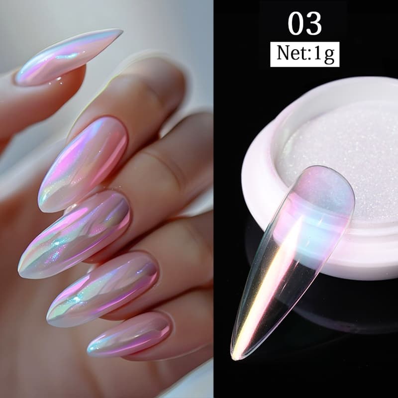 1 Caixa Pérola Aurora Pó De Unha Roxo Rosa Azul Cromo Glitter Pigmento Poeira UV Gel Polonês Arte Do Prego Mergulhando E