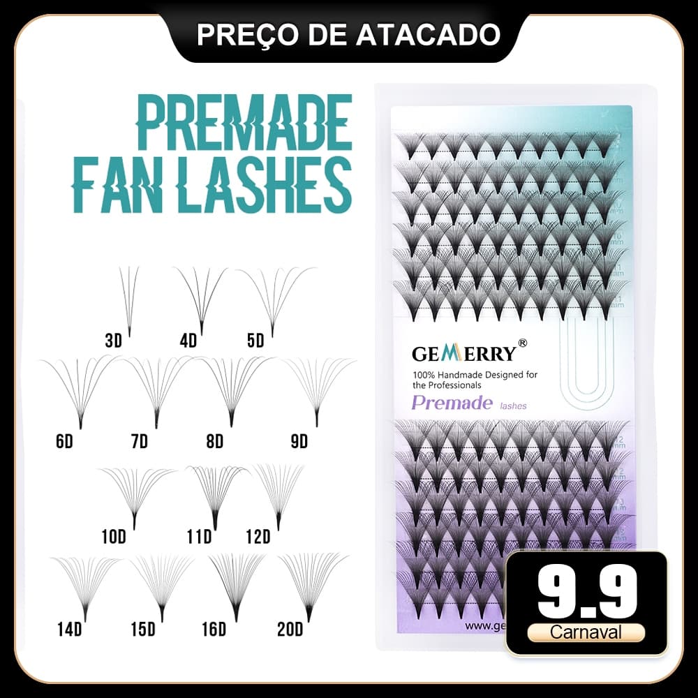 Gemerry 3D 5D 6D 7D 8D 10D 12D 16D 20D Ventiladores Pré-Fabricados Volume Russo Extensões De Cílios Mix8-14m